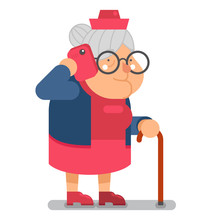 Communication Granny With Smartphone Talking Old Lady Character Cartoon Flat Design Vector Illustration
