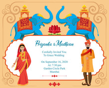 Indian Wedding Card Invitation Design Template With Decorative Elephant Vector