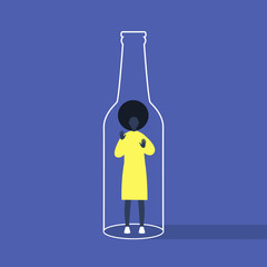 Alcohol and addiction, Young black  female character trapped inside a bottle, health problems