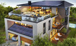 Luxurious house with a rooftop terrace and solar panels. Low energy home and electric car