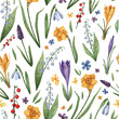 Botanical seamless pattern with watercolor spring flowers.  Background with snowdrops, crocuses, lilies of the valley, narcissus, mouse hyacinth. Beautiful background for wrapping, fabrics, wallpaper