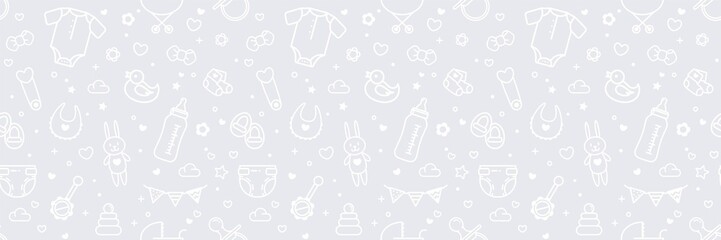 baby seamless background in white and gray colors. vector cartoon illustration