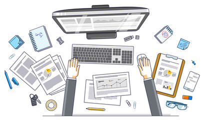 Fototapete - Business analysis, office worker or entrepreneur businessman working on a PC computer and papers with financial analytics, top view of work desk with stationery and documents and hands. Vector.