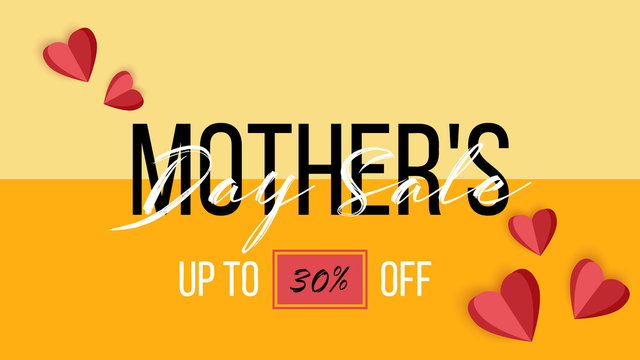 Mother's Day sale banner, yellow conceptual background, vector illustration. Hand written lettering, typescript poster, paper cut hearts, top view, promo sale background. Graphic design elements, love