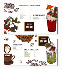 Wall Mural - Coffee illustration. Hand drawn vector banner. Coffee beans, dessert, bag. Menu