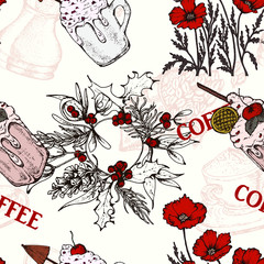 Wall Mural - Hand drawn vector seamless pattern with coffee beans, branch, dessert, flowers, dessert