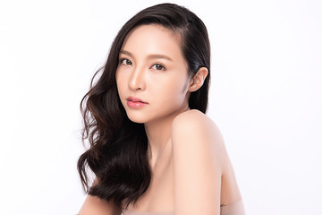 Portrait beautiful young asian woman clean fresh bare skin concept. Asian girl beauty face skincare and health wellness, Facial treatment, Perfect skin, Natural makeup, on white background,two