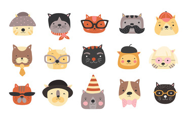 Sticker - Cat heads. Cute cats muzzles with accessories, glasses and hats, bow tie and cap. Happy pets vector characters. Illustration kitten face and cat muzzle head