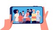 © MicroOne - Phone with family photo. Hands holding smartphone with happy smiling grands mother dad kids together. Taking family selfie, memories vector concept. Illustration family smartphone selfie photo