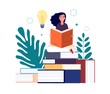 Self education. Girl reading book, study and gain new knowledge. Woman learns from textbooks. Business studying, have new idea vector concept. Education student read book new knowledge illustration