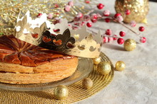 Kings Cake. Galette Des Rois And Golden Crown. Epiphany.