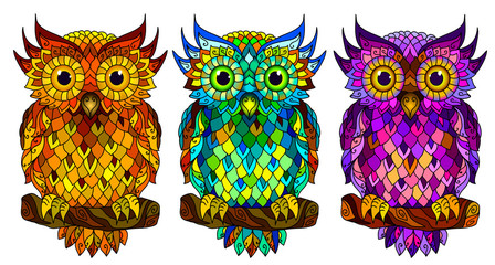 Wall Mural - owl. wall sticker. set of 3 artistic, hand-drawn, decorative multicolored owls on a white background