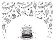 Birthday party elements vector set. Happy birthday card Template. Birthday elements. Hand Drawn Doodle birthday cake, sweets, bunting flag, balloons, gift, festive paper cap, festive attributes