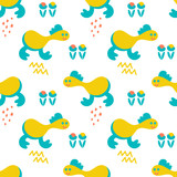 Fototapeta Dinusie - Kawaii Monsters seamless pattern, cute baby fantastic animals background. Hand drawn, cartoon illustration vector