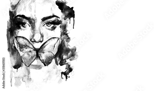Fotomural Dipinto in acquerello di ritratto in primo piano di donna con una farfalla sul v