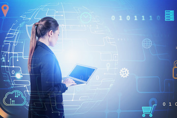 Poster - Young woman with notebook, big data interface