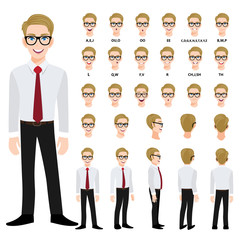 Wall Mural - Cartoon character with handsame business man in smart shirt for animation. Front, side, back, 3-4 view character. Separate parts of body. Flat vector illustration. 298