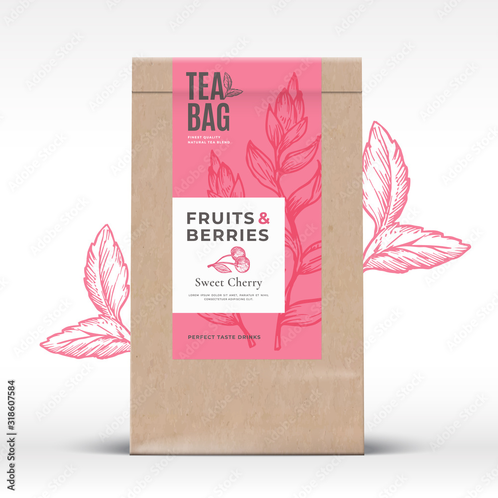 Craft Paper Bag with Fruit and Berries Tea Label. Abstract Vector Packaging Design Layout with Realistic Shadows. Modern Typography, Hand Drawn Cherry and Leaves Silhouettes Background. - obrazy, fototapety, plakaty 