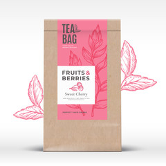 Wall Mural - craft paper bag with fruit and berries tea label. abstract vector packaging design layout with reali