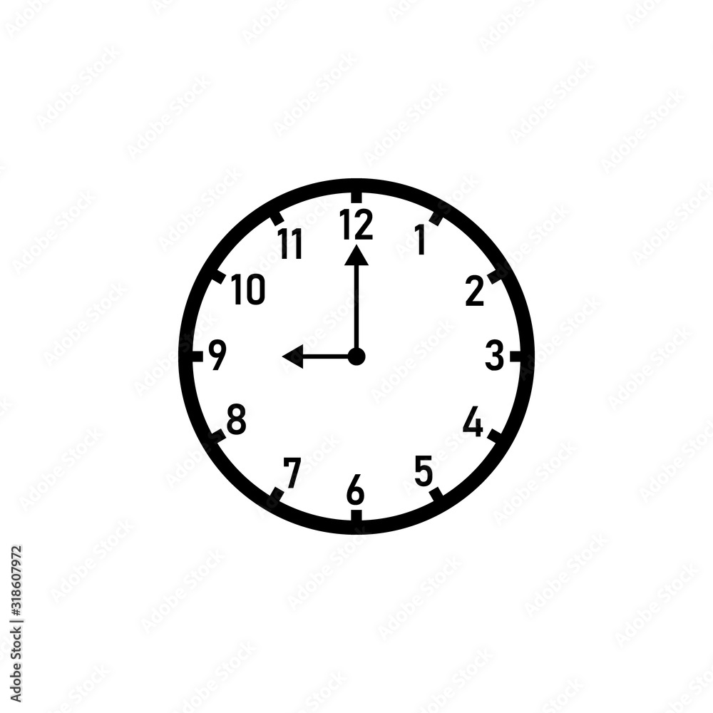Wall clock displaying 9:00 o'clock. Clipart image isolated on white ...