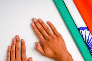  Republic day and Independence day of India , tricolor flag  with  hand 