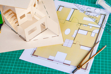 Poster - layout of a house with a flat roof. layout of premises. architect's desk. redevelopment. creation of