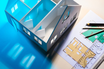 Poster - drawings on the table of the architect. concept - architectural bureau. calculation of the layout of