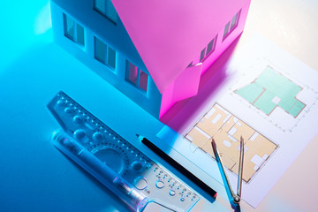 Poster - concept - building a house. drawings next to the layout of the cottage. preparation of design docume