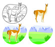 Wild guanaco on a background of rocky mountains and meadows with shrubs