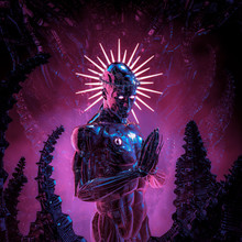 Digital Messiah Complex / 3D Illustration Of Science Fiction Male Humanoid Cyborg Bowed In Prayer With Metal Crown Of Thorns And Halo