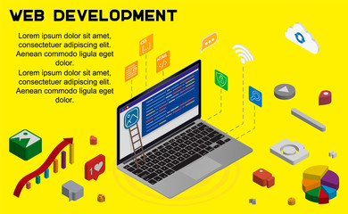 Aufkleber - Modern flat design isometric concept of Software Development for banner and website. Computer code with windows on laptop screen. Developing programming and coding technologies. Vector illustration.