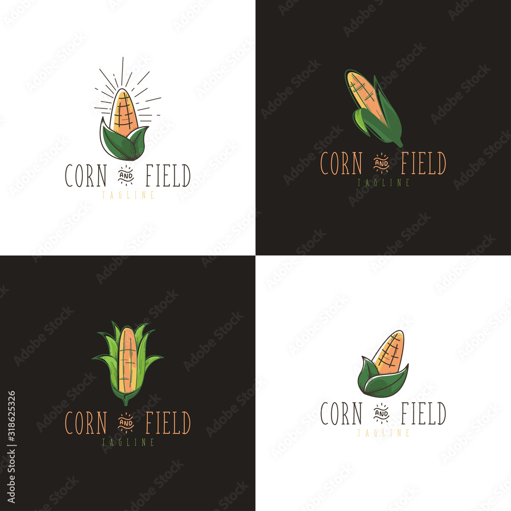 Corn logo concept with hand drawn style vector - obrazy, fototapety, plakaty 