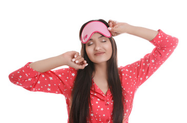 Poster - Beautiful woman wearing sleeping mask on white background. Bedtime