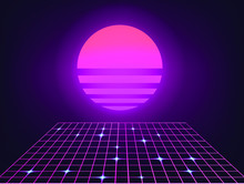 Retrofuturistic Landscape With Laser Grid And Neon Sun. Vaporwave And Retrowave Style Background.