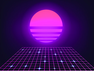 Poster - Retrofuturistic landscape with laser grid and neon sun. Vaporwave and retrowave style background.