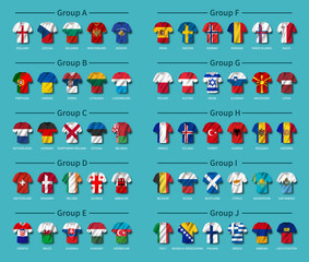 Aufkleber - European soccer tournament qualifying draw 2020 . Group of international teams . Football jersey with waving country flag pattern . Blue theme background . Vector .