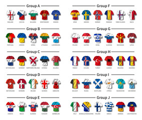 Aufkleber - European soccer tournament qualifying draw 2020 . Group of international teams . Football jersey with waving country flag pattern . White theme background . Vector .