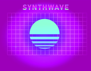 Poster - Retrofuturistic landscape with laser grid and neon sun. Vaporwave and retrowave style background.