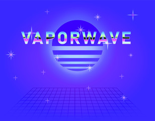 Poster - Retrofuturistic landscape with laser grid and neon sun. Vaporwave and retrowave style background.