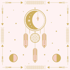 Wall Mural - Hand drawn dream catcher with ornament elements and the Moon. Vector trendy illustration.