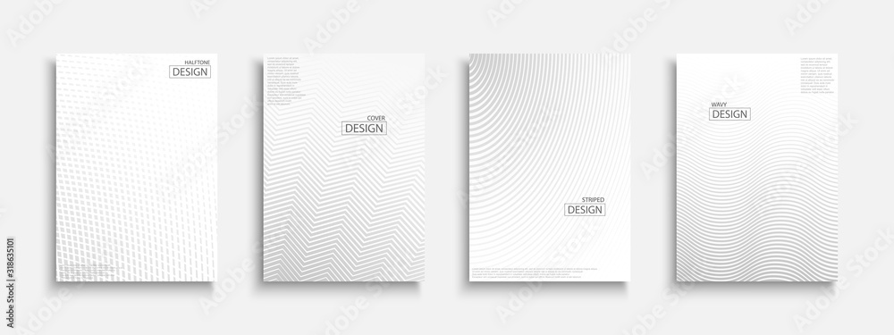 Abstract halftone futuristic templates, posters, placards, brochures, banners, flyers, backgrounds and etc. White and gray textures. Dotted and striped minimalistic contemporary covers - obrazy, fototapety, plakaty 