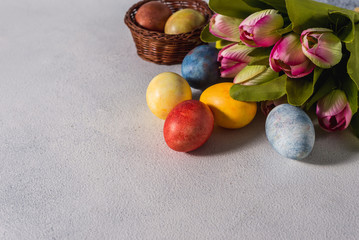 Multi-colored Easter eggs. Easter. Easter eggs on a light background Easter background. Easter Symbol Easter Greetings Christ Is Risen Copyspace