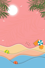 Wall Mural - Vertical Tropical seascape of ocean beach, coconut palm tree and sun, Summer sale banner design with paper cut tropical beach on pink background. Vector illustration