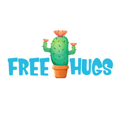 Wall Mural - Free hugs text and cartoon green cactus in pot white on violet background. funny houseplant icon with quote or slogan for print on tee. International free hugs day concept