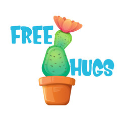 Wall Mural - Free hugs text and cartoon green cactus in pot white on violet background. funny houseplant icon with quote or slogan for print on tee. International free hugs day concept