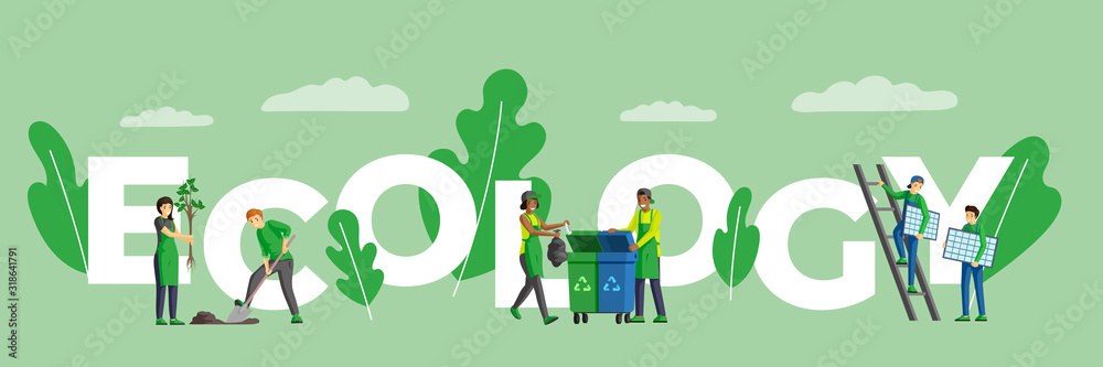 Ecology word concept flat color banner. Eco friendly and sustainable lifestyle, environment protection and nature saving activities. Tiny people characters installing solar panels, planting trees - obrazy, fototapety, plakaty 