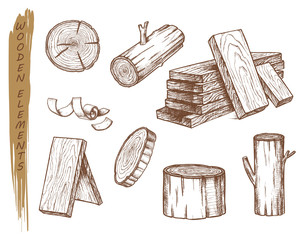 Wall Mural - Isolated sketch of wooden elements, vintage lumber