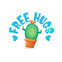 Free hugs text and cartoon green cactus in pot white on violet background. funny houseplant icon with quote or slogan for print on tee. International free hugs day concept