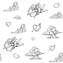 Seamless Pattern With Cupid And Clouds. Vector Outline With Transparent Background