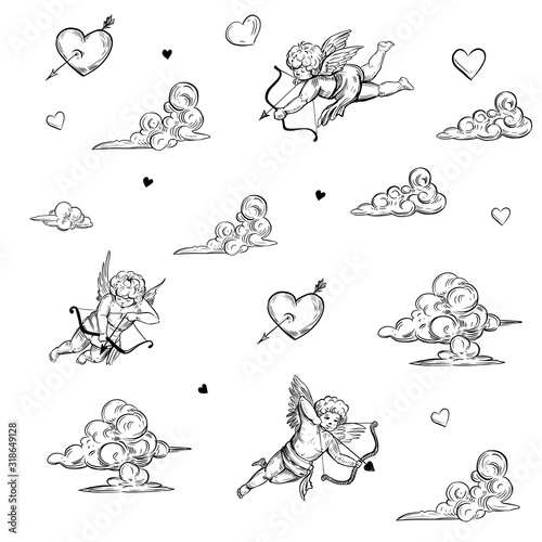 Cuadros en Lienzo Seamless pattern with cupid and clouds